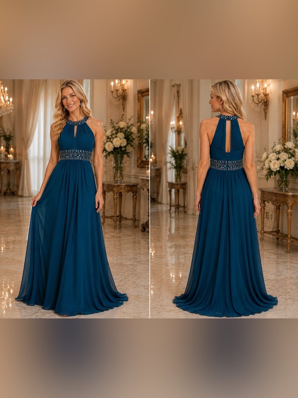 10 - XSCAPE - Elegant Teal Halter Evening Gown with Beaded Waist